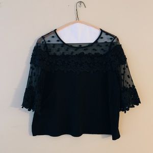 Black see through sheer lace floral design blouse